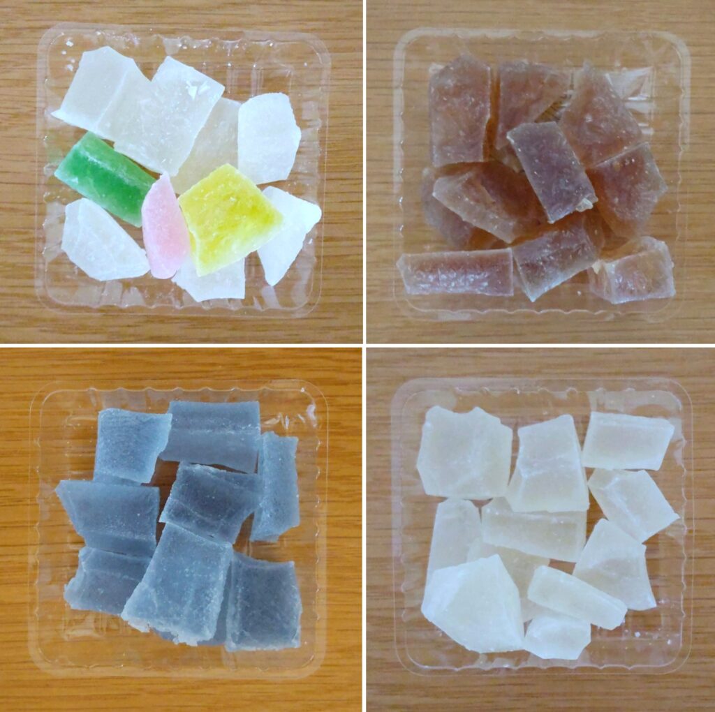 和菓子村上わり氷（プレーン・加賀棒茶・能登塩サイダー・金沢ゆず）を袋から出した写真