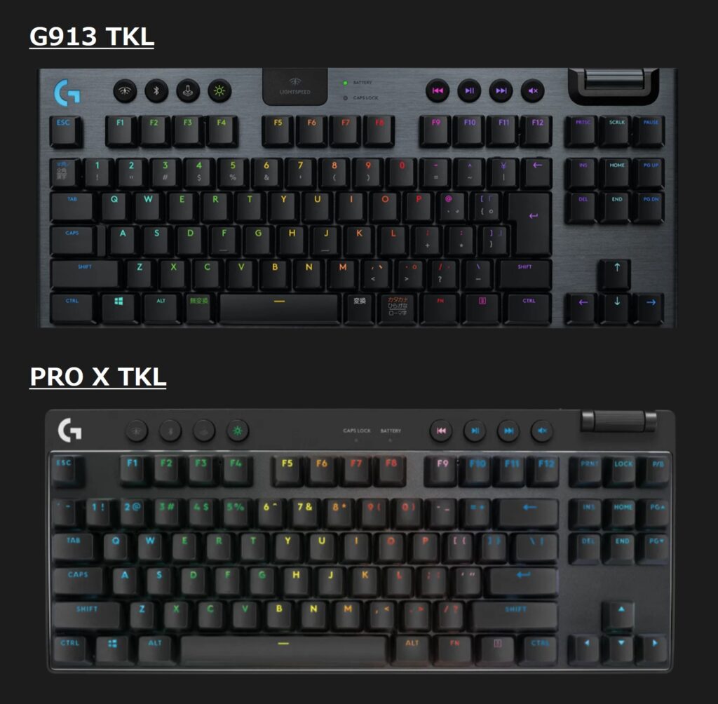 Logicool G G913 TKLとG PRO TKLのキーの構成が同じことがわかる写真