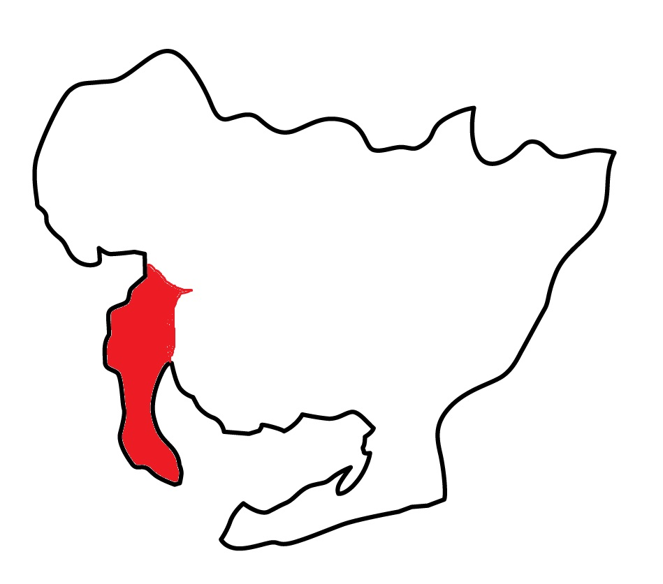 知多半島を赤色で示した愛知県の地図