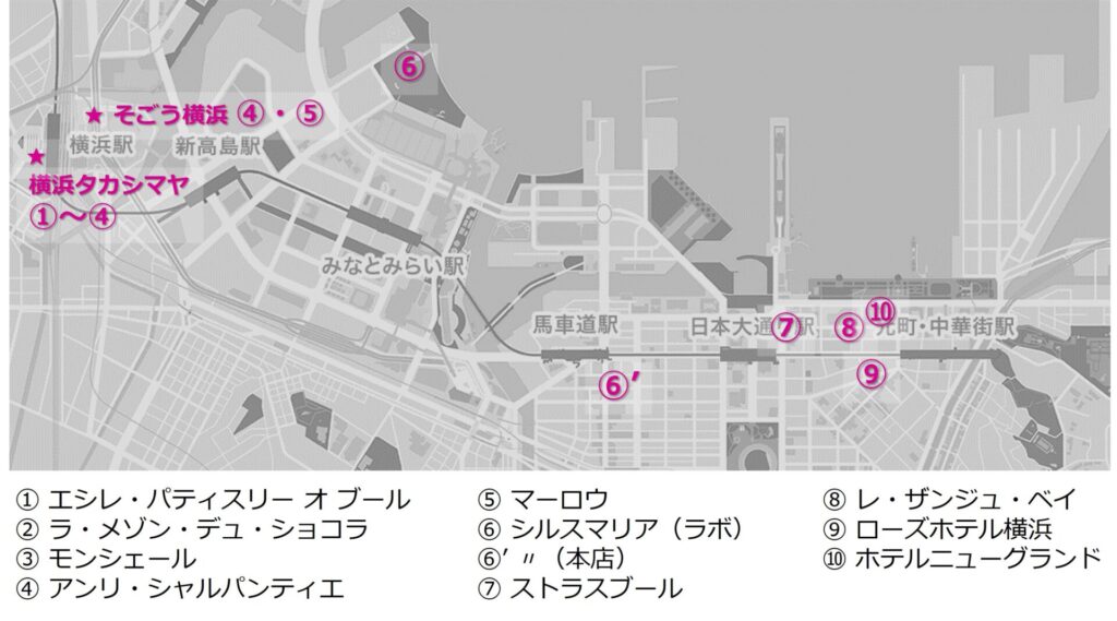 みなとみらい線：横浜駅～元町・中華街駅でフィナンシェを購入した店舗一覧がわかる地図