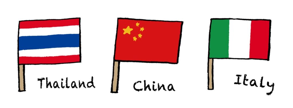 マイヤーのフライパンが作られているタイ・中国・イタリアの国旗のイラスト